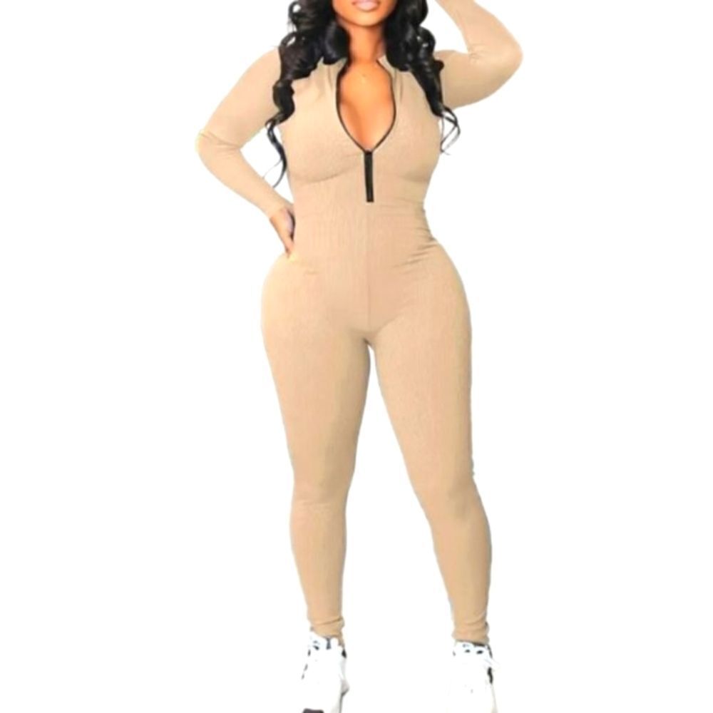 Ladies Tan Ribbed Solid Zip Front Jumpsuit sz Large